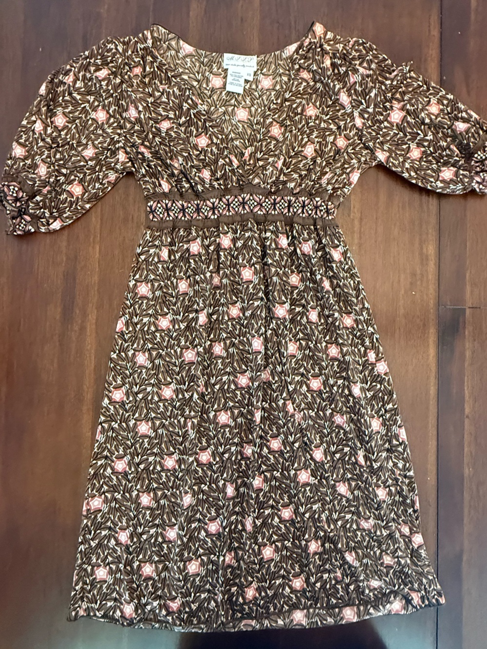 Smocked-Waist Midi Dress in Brown Floral with Pink Accents